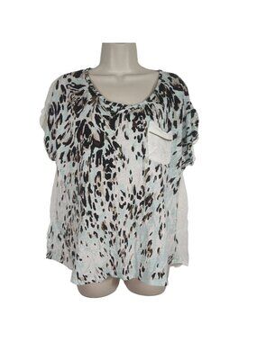 Cato Hi-Low Animal Print Knit Top Women Size L Blue Brown White Short Sleeve